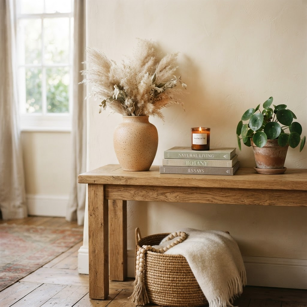 Composição de itens de decoração para casa: vaso de cerâmica, cesto de vime, livros e vela